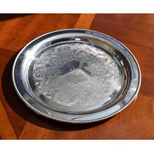 International Silver Co Silverplate Round Serving Tray Beaded Edge Engraved 15"